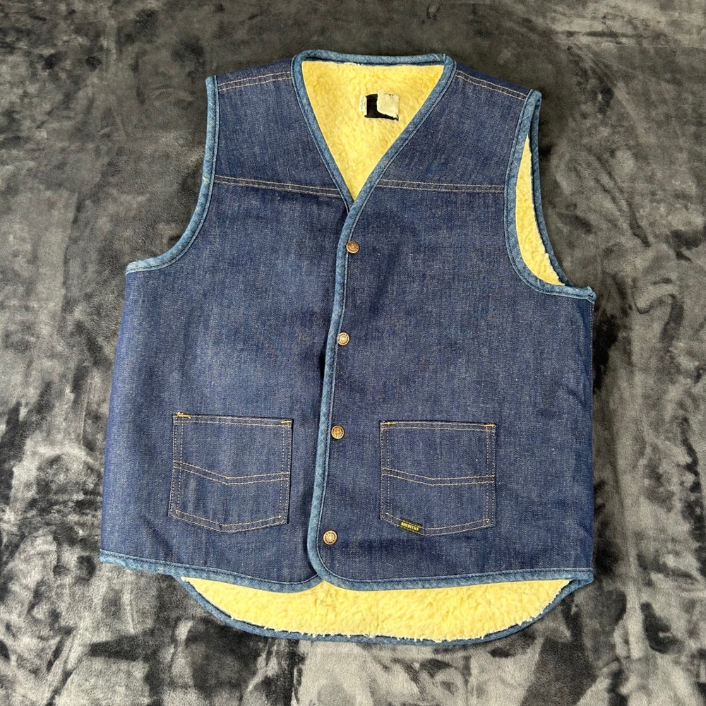 Roebucks‎ Denim Vest Mens L Tall Blue Sherpa Lined Vintage Sears Workwear
